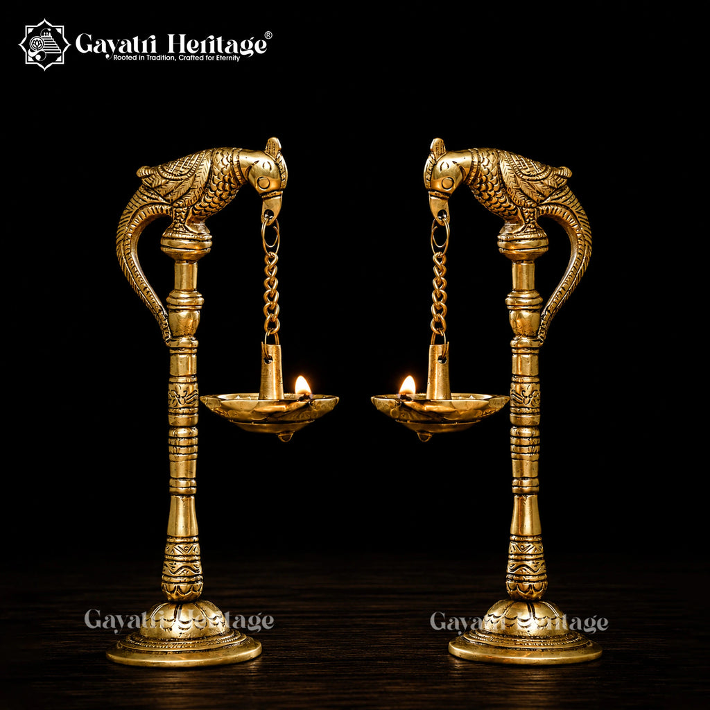 Brass Parrot Lamp (Pair), 7.5 inch, handcrafted by Gayatri Heritage