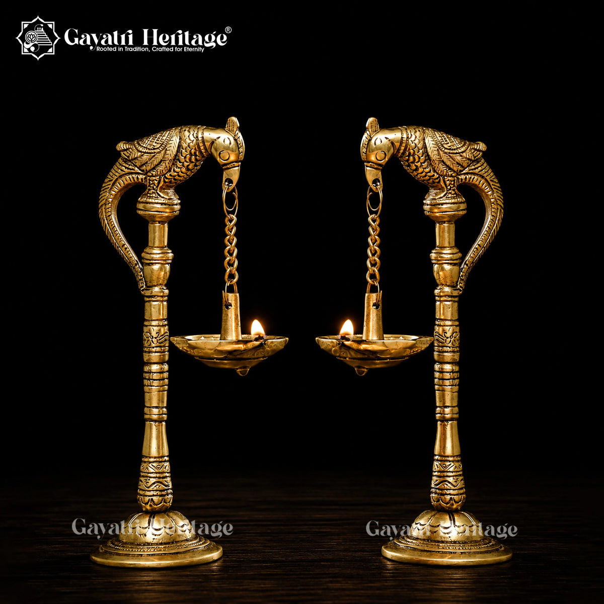 Brass Parrot Lamp (Pair), 7.5 inch, handcrafted by Gayatri Heritage