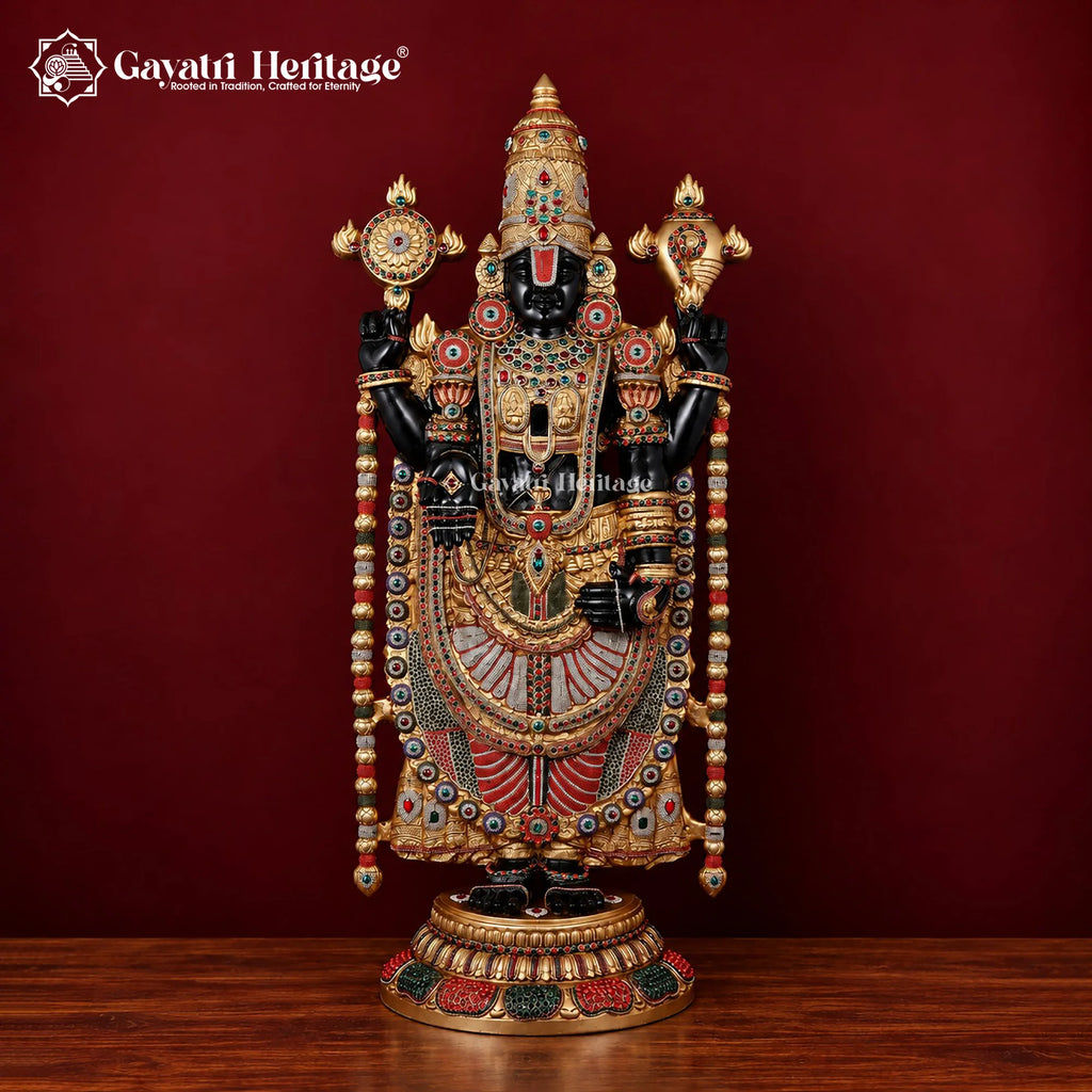 Large Brass Lord Venkateswara Statue | Tirupati Balaji Idol with Black Gold Finish and Colorful Stonework