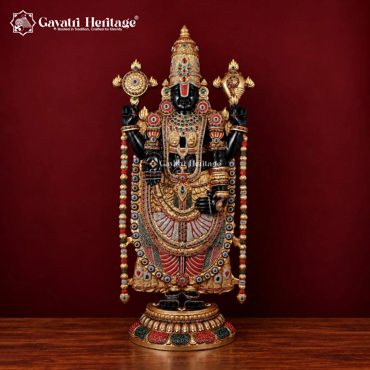 Large Brass Lord Venkateswara Statue | Tirupati Balaji Idol with Black Gold Finish and Colorful Stonework
