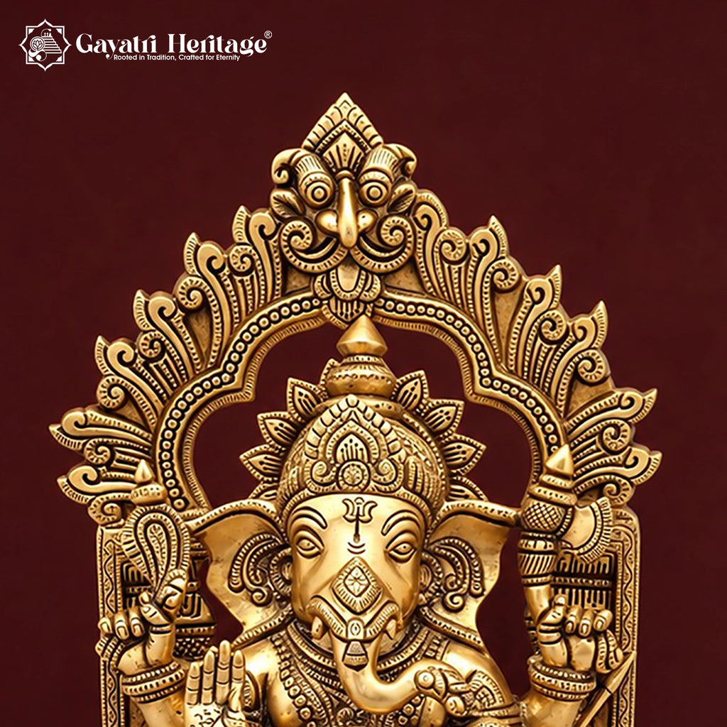 Brass Ganesha Idol on Singhasan Throne with Kirtimukha Arch, Kalash & Mouse | Handcrafted Ganpati Murti for Home Mandir