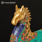Brass Horse Statue with Turquoise Stone Inlay – Handmade Prancing Horse Figurine