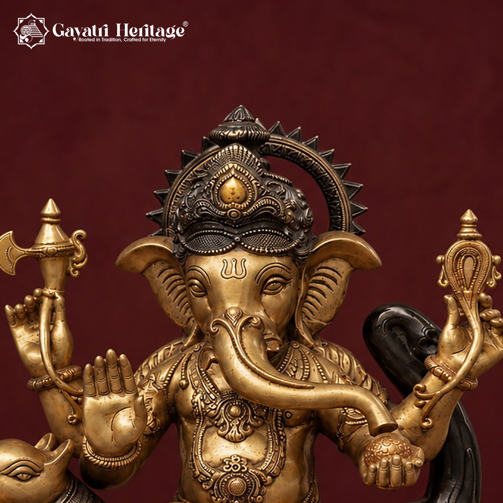 Brass Ganesha Statue with Mouse, Dual Tone Antique Finish Ganpati Idol, Handcrafted Hindu God Murti for Home Mandir