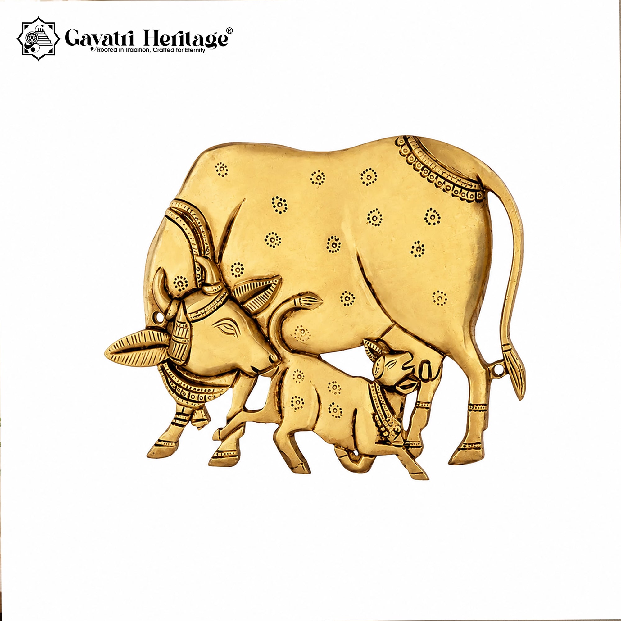 Brass Cow Calf Wall Hanger | Kamdhenu  Sacred Cow Wall Art | Vastu Home Decor | Gayatri Heritage