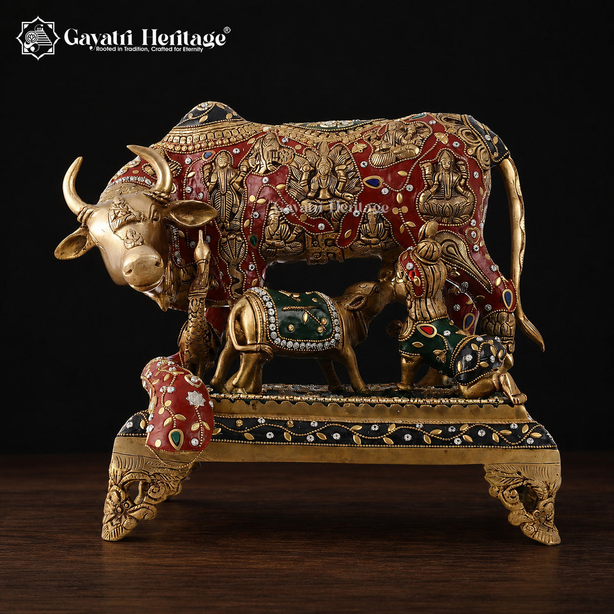 Brass Cow and Calf – Exquisite Stone Work Detailing | Gayatri Heritage
