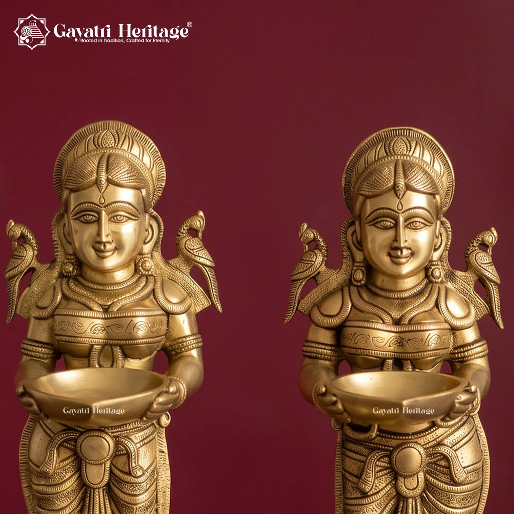 Brass Deepalakshmi Diya Pair Set of 2, Paavai Vilakku Oil Lamps with Parrots, Traditional South Indian Temple Decor