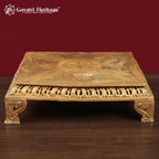 Handcrafted Brass Pooja Chowki, Engraved Square Bajot Stand with Jali Work, Golden Puja Peeta for Idols & Mandir