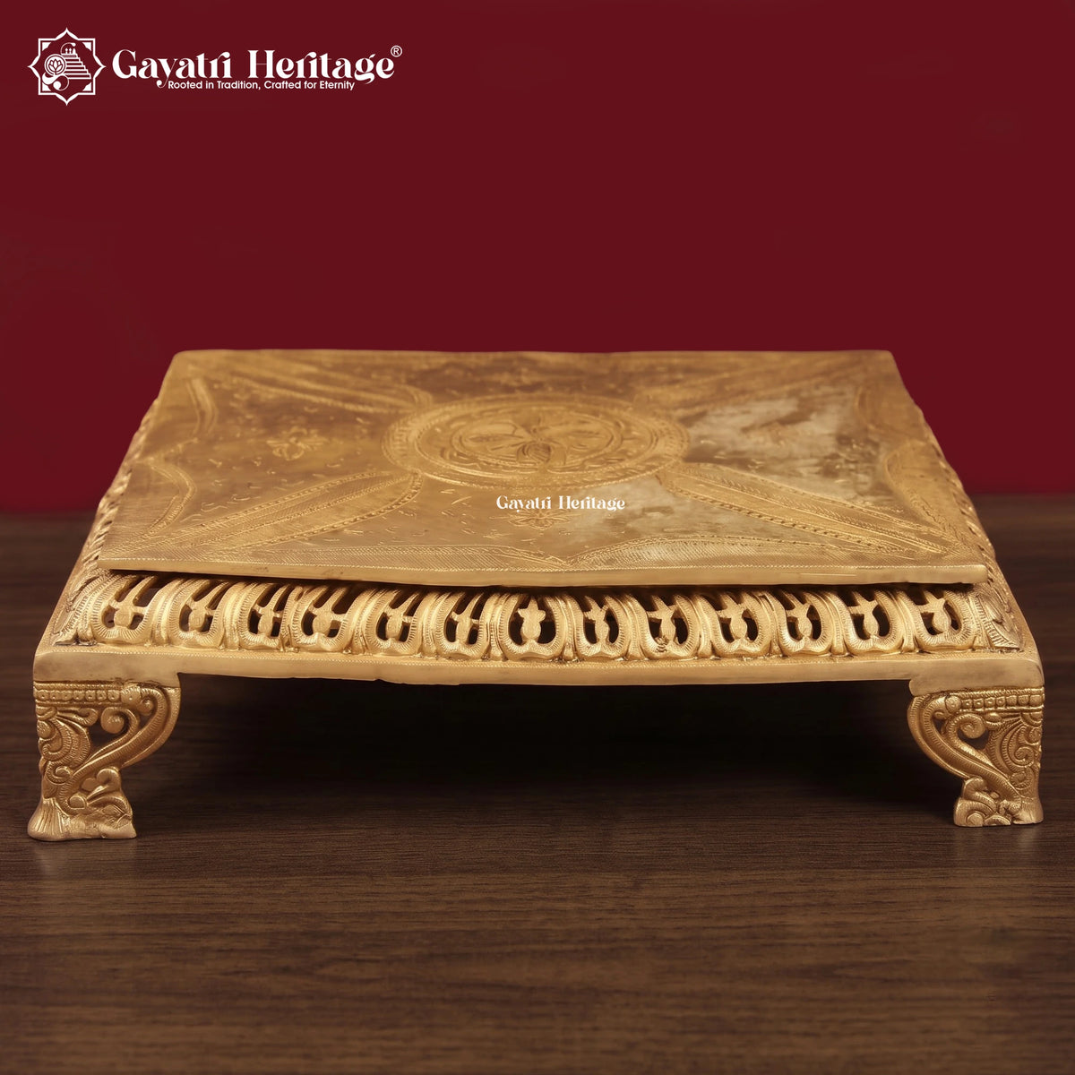 Handcrafted Brass Pooja Chowki, Engraved Square Bajot Stand with Jali Work, Golden Puja Peeta for Idols & Mandir