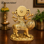 Brass Durga Maa on Lion Statue | Ashtabhuja Sherawali Maa Idol | Handcrafted Hindu Goddess Sculpture | Pooja Room & Home Decor