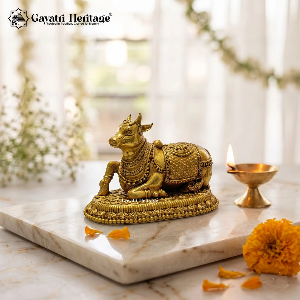 Brass Nandi Statue, Sitting Nandi Bull Idol, Shiva Temple Murti, Pooja Room & Home Mandir Decor