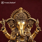 Brass Ganesh Idol on Round Base, Antique Gold Ganesha Statue with Om, Mushak & Halo, Handcrafted Murti for Home Temple