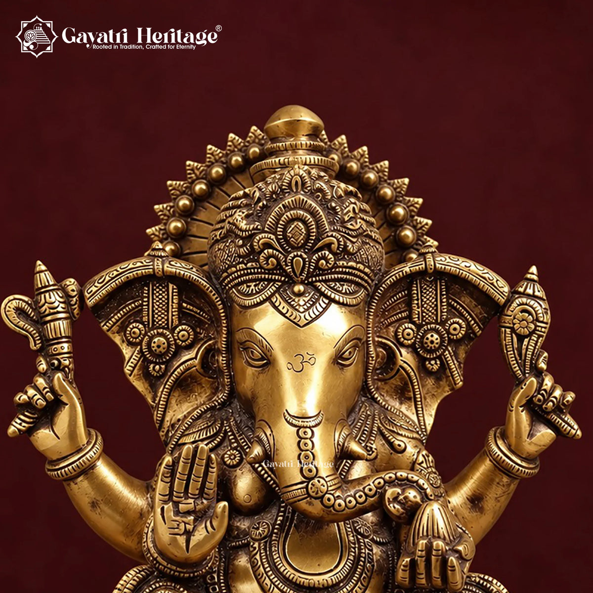 Brass Ganesh Idol on Round Base, Antique Gold Ganesha Statue with Om, Mushak & Halo, Handcrafted Murti for Home Temple