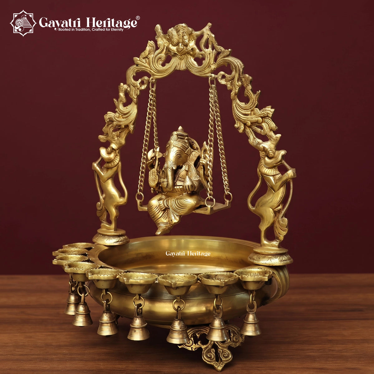 Brass Ganesha Swing Urli Bowl with Diyas & Bells, Handcrafted Ganesh Pooja Decor, Diwali Home Temple Decoration