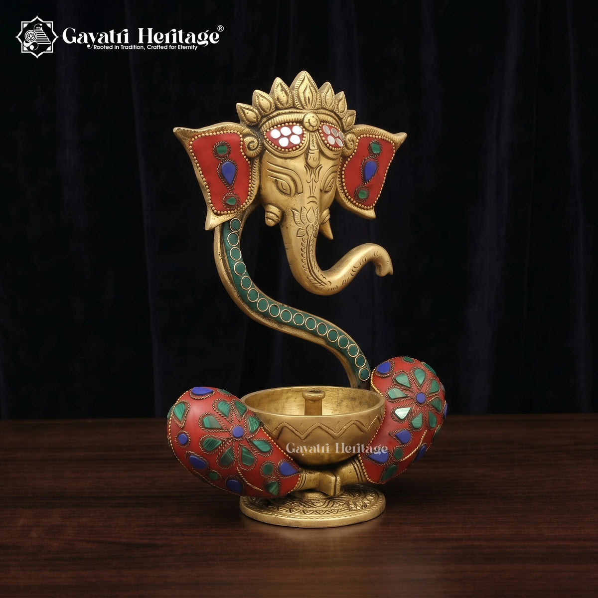 Brass Ganpati Diya | Stone Inlay Oil Lamp | Handmade Pooja Decor 9 Inch