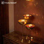 Set of 3 Tall Urli Bowls – Hammered Gold Lotus Petal Diya Stand | Gayatri Heritage