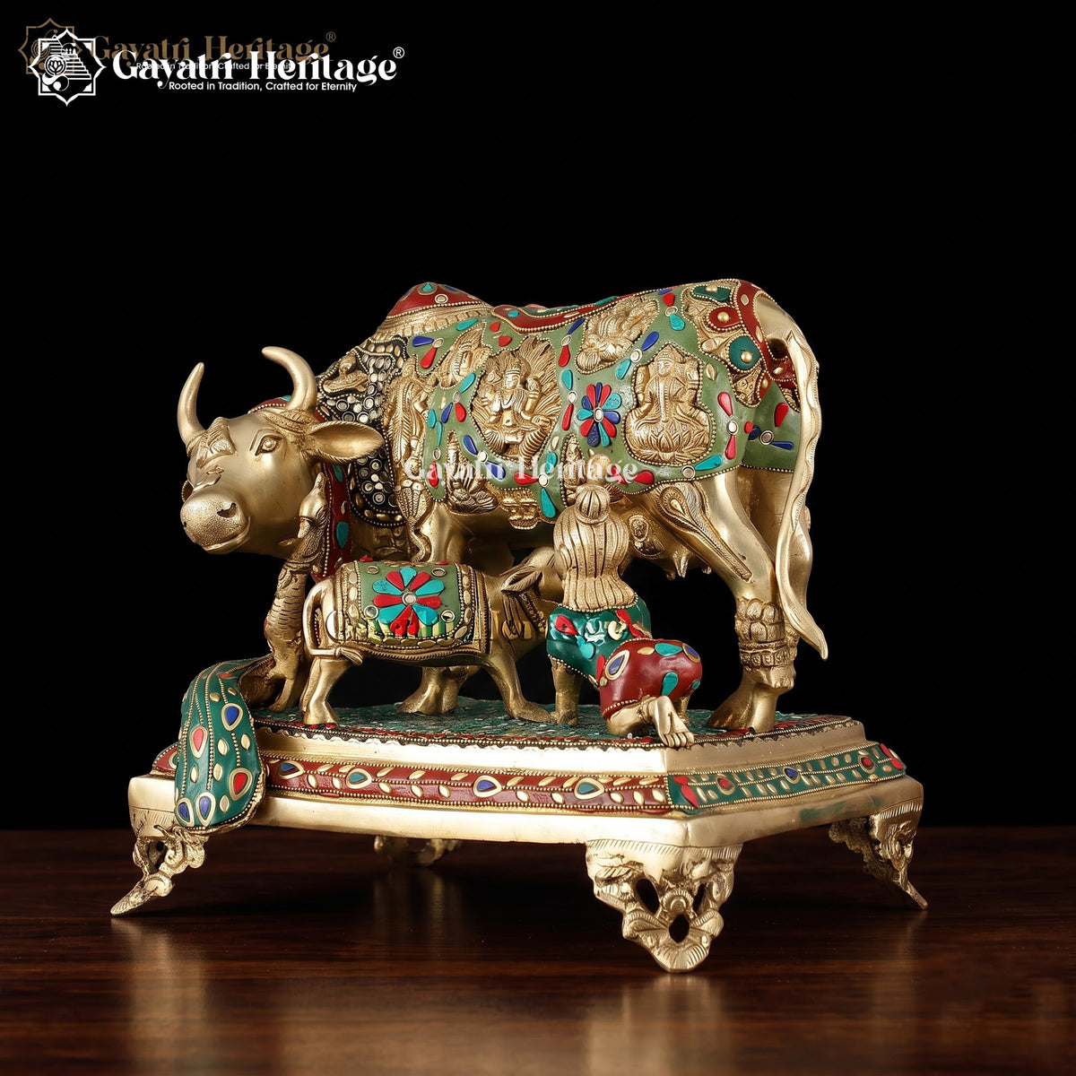 Brass Cow and Calf in Stone Work – Exquisite Religious Décor | Gayatri Heritage