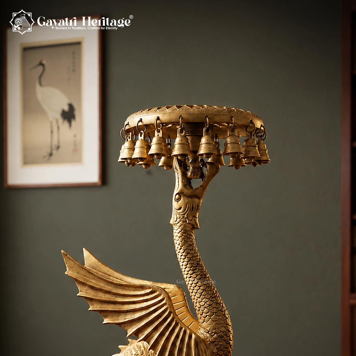 Brass Dragon Bell Chowki Stand | Mythical Bird Pedestal with Hanging Bells | Vintage Home Decor