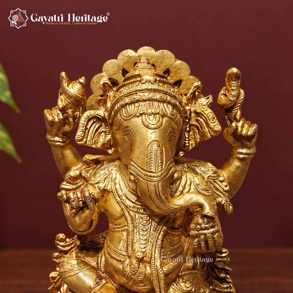 Handcrafted Brass Lord Ganesha Statue with Halo – Ganpati Idol on Lotus Throne for Home Mandir & Pooja Decor