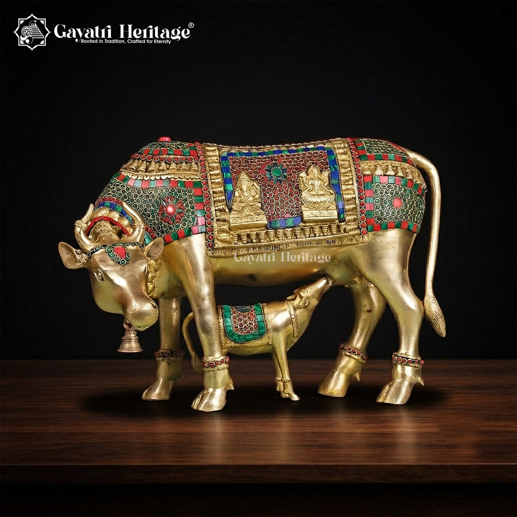 Brass Cow and Calf with Stone Work – Motherhood & Prosperity | Gayatri Heritage