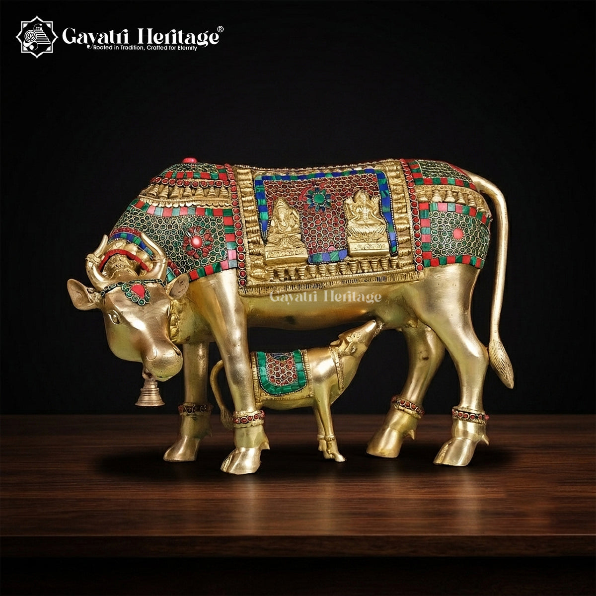 Brass Cow and Calf with Stone Work – Motherhood & Prosperity | Gayatri Heritage