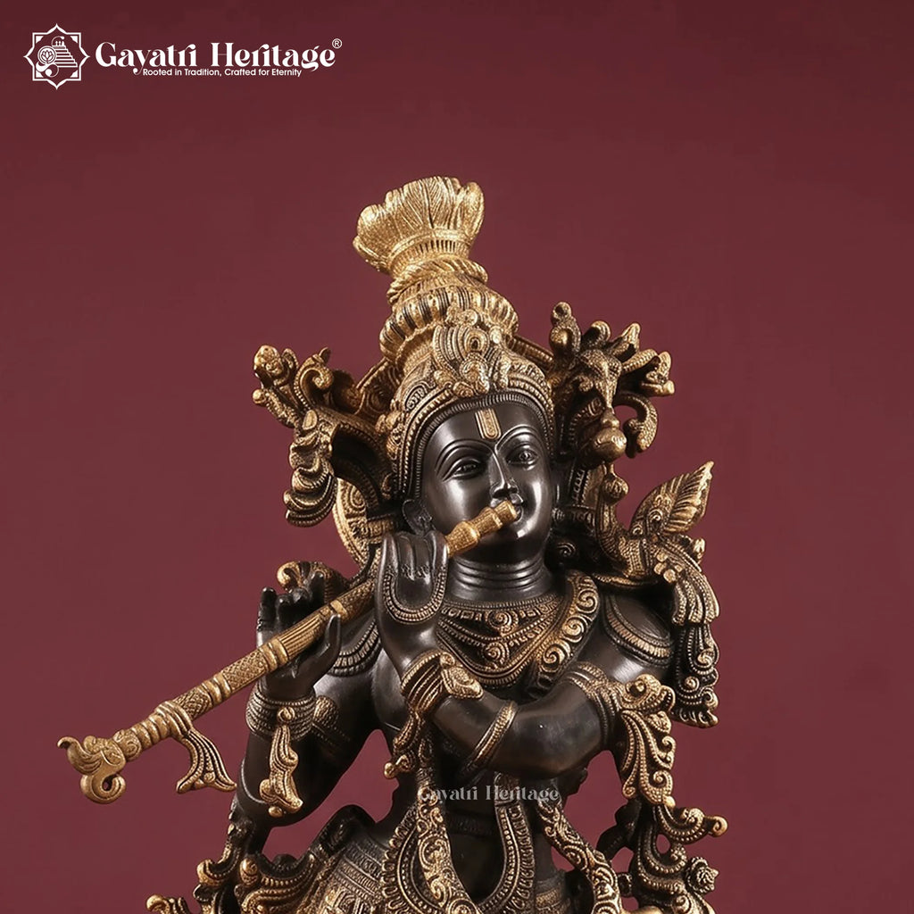 Brass Krishna Flute Statue | Black & Gold Finish | Handmade Hindu Home Decor