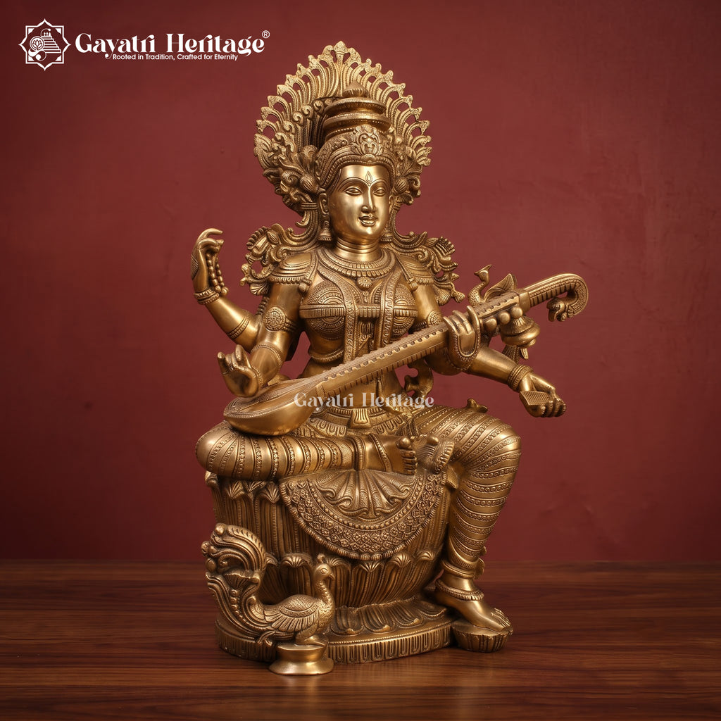 Brass Saraswati Devi Statue | Seated Goddess of Knowledge with Veena Idol