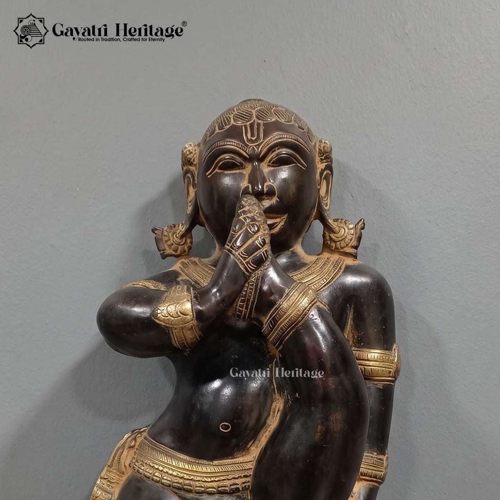Brass Laddu Gopal Wall Art | Antique Black Finish with Gold Detailing