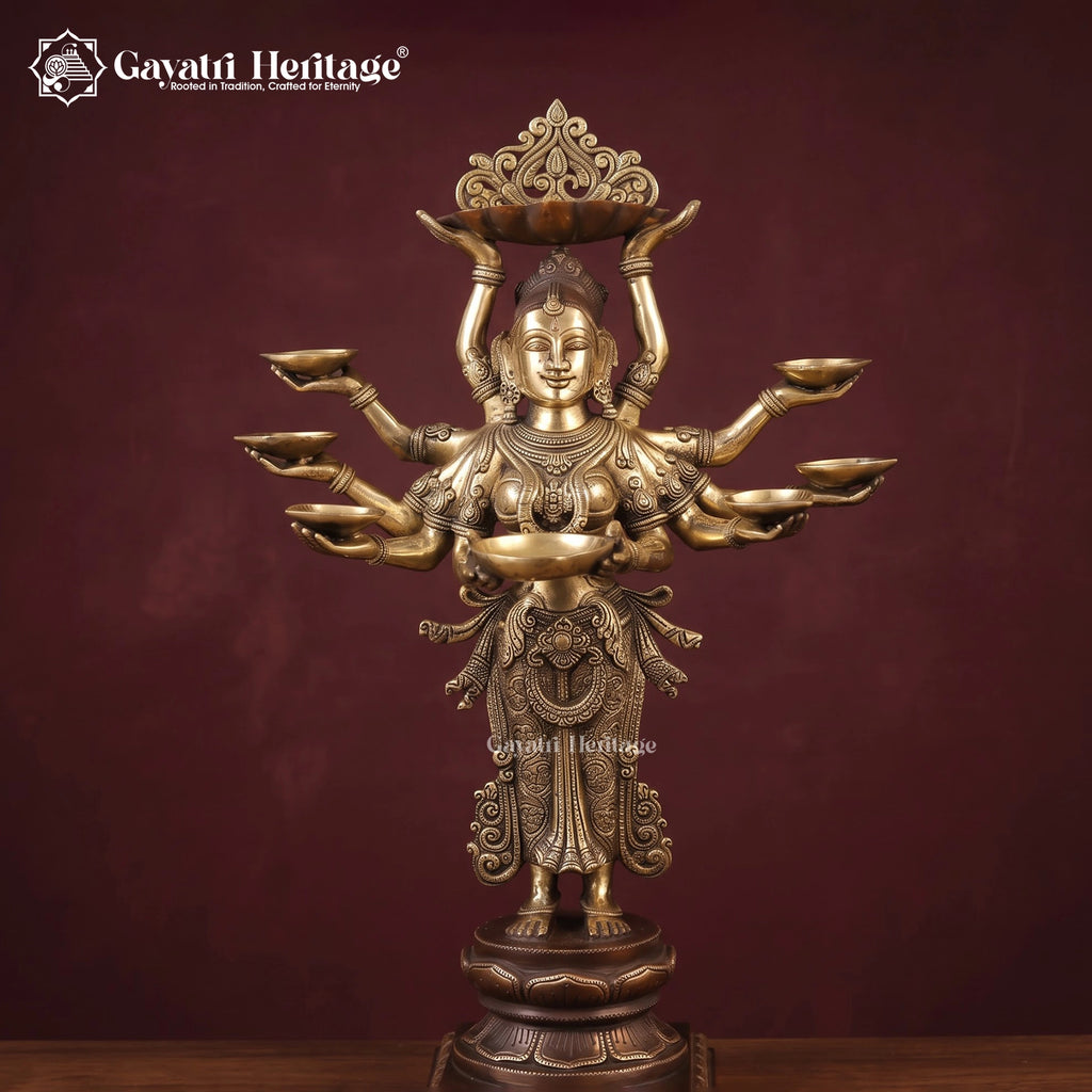 Brass Multi-Armed Deepalakshmi Diya Lamp Statue | Hand-Carved Goddess Figurine
