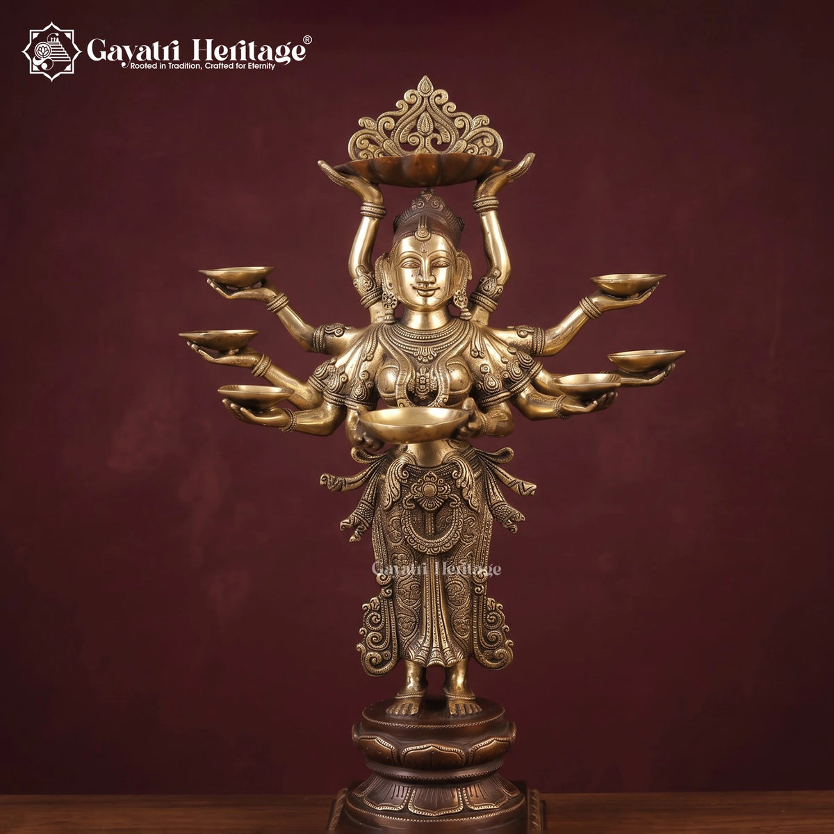 Brass Multi-Armed Deepalakshmi Diya Lamp Statue | Hand-Carved Goddess Figurine