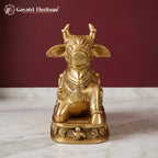 Brass Nandi Statue | Seated Bull Idol | Hindu Temple & Pooja Room Decor (6.5 Inch)