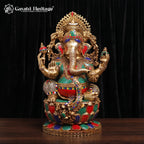 Large Brass Ganesha Statue | Turquoise & Coral Stone Inlay | Lotus Base Ganesh Idol (26 Inch)