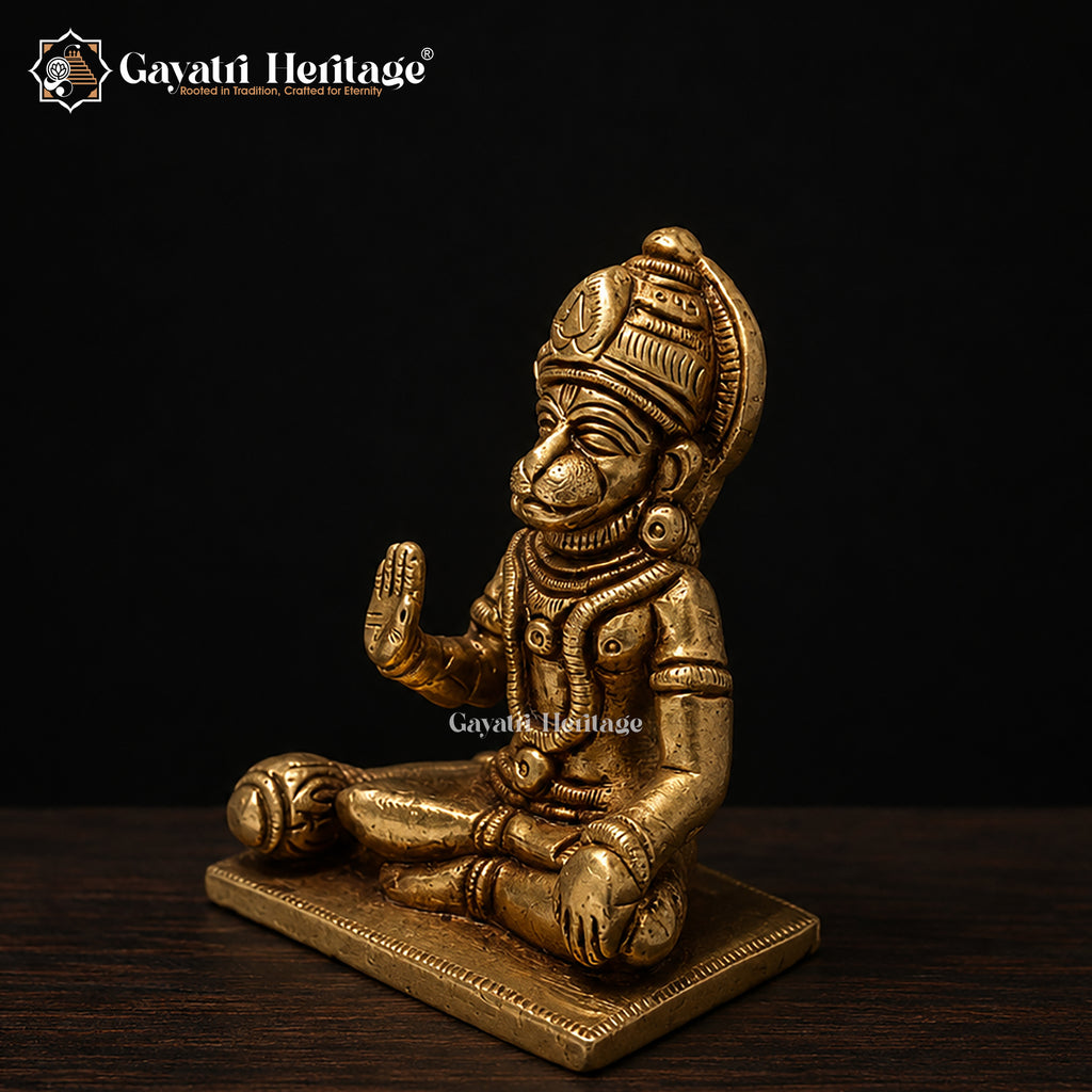 Brass Hanuman Idol | Seated Blessing Pose with Gada | Antique Gold Bajrangbali Statue | Handcrafted Hindu Murti | Pooja Room Decor