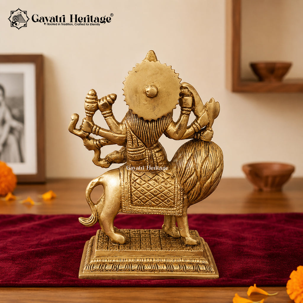 Brass Durga Maa Statue on Lion | Conical Crown Goddess Sculpture | Sherawali Maa Idol with Stepped Pedestal