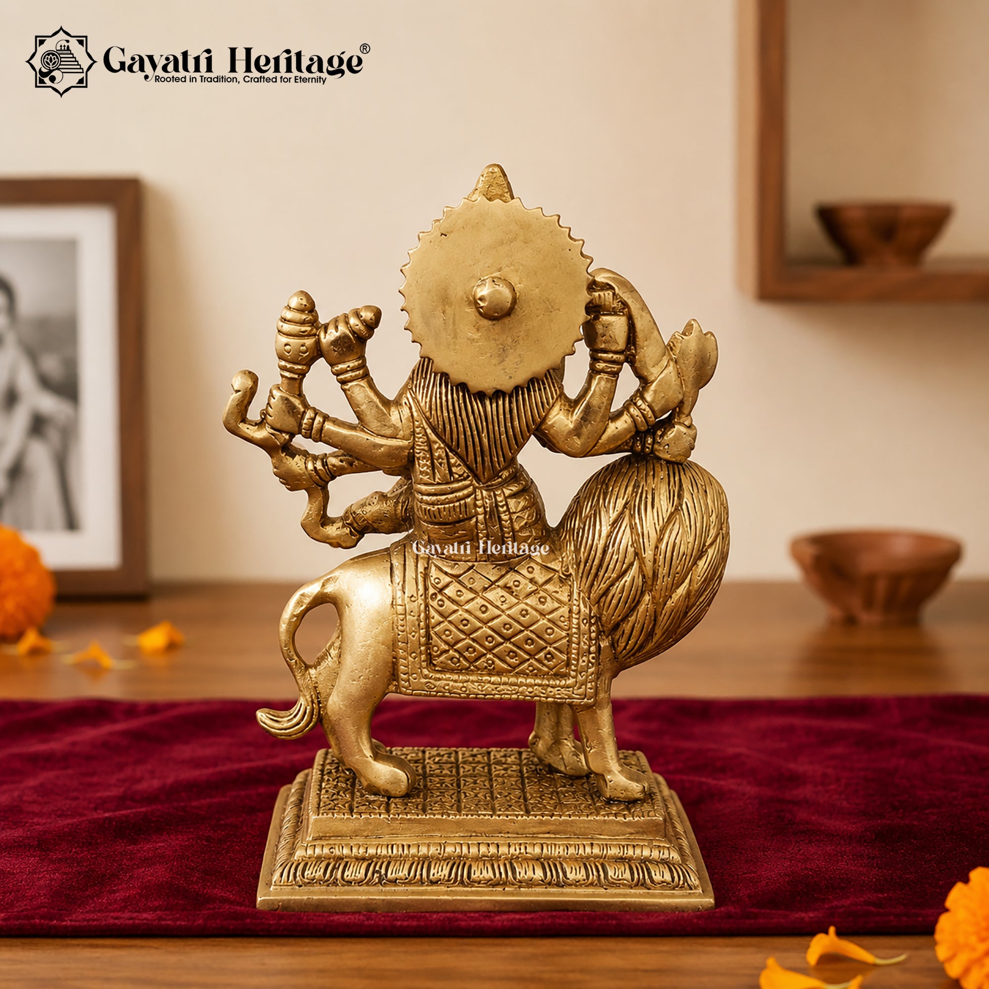 Brass Durga Maa Statue on Lion | Conical Crown Goddess Sculpture | Sherawali Maa Idol with Stepped Pedestal