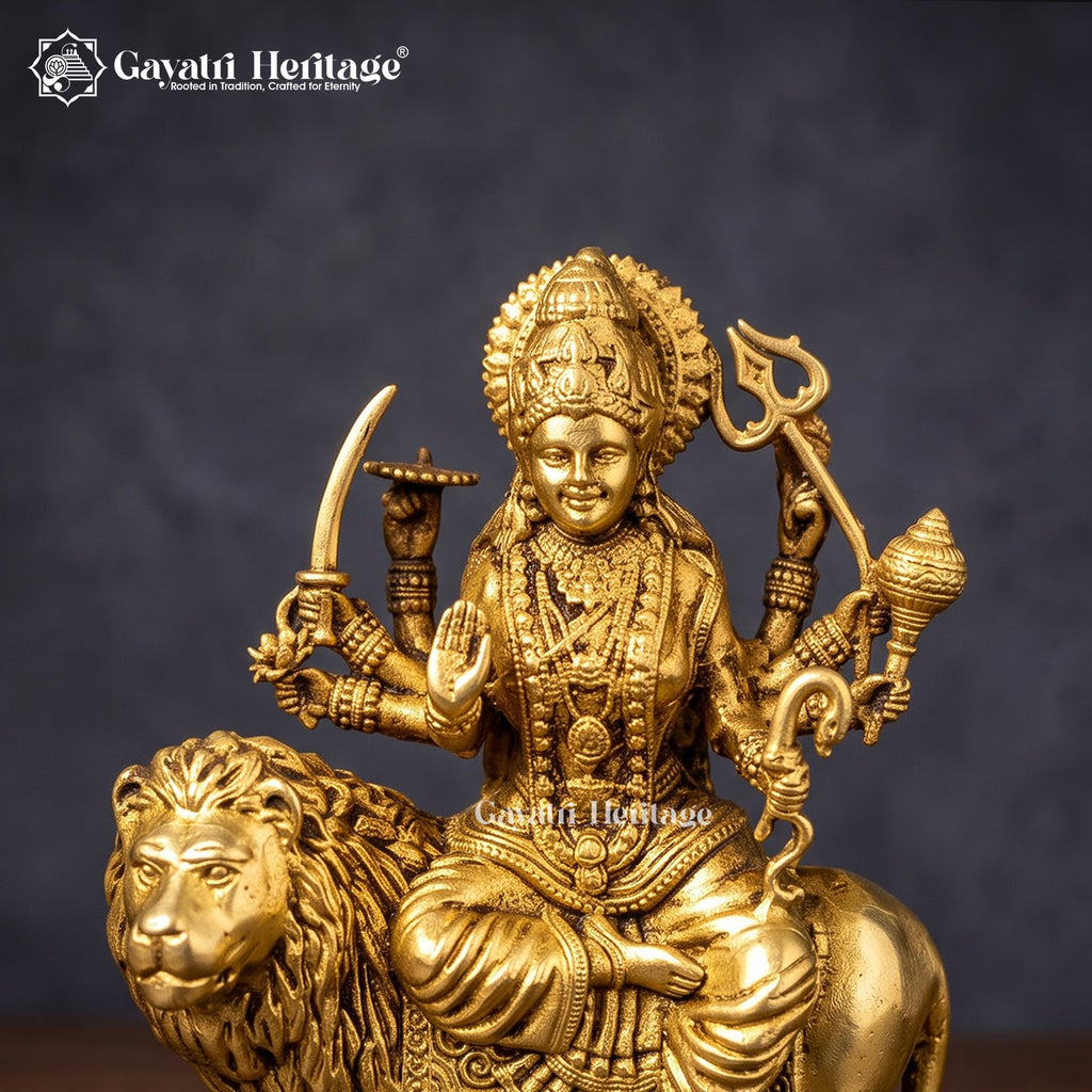 Brass Durga Maa Idol on Lion | Handcrafted Goddess Durga Sculpture