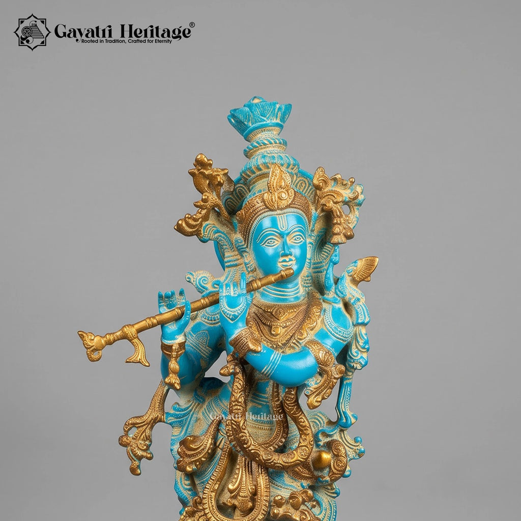 Brass Krishna Statue with Turquoise Antique Finish | Flute Playing Krishna Murti | Hindu God Idol for Home Temple Decor