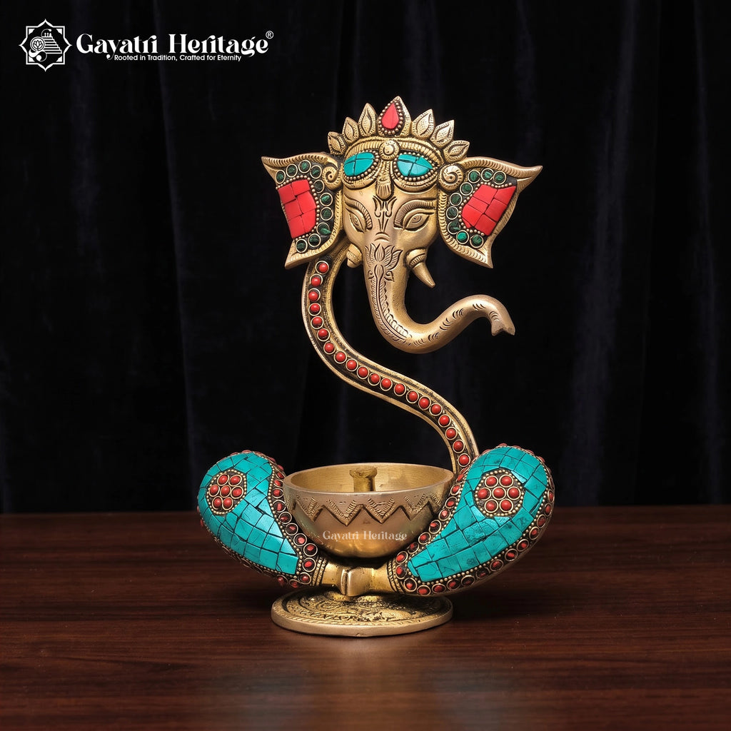 Brass Ganesha Diya | Turquoise Coral Inlay Oil Lamp | Handmade Pooja Decor 9 Inch
