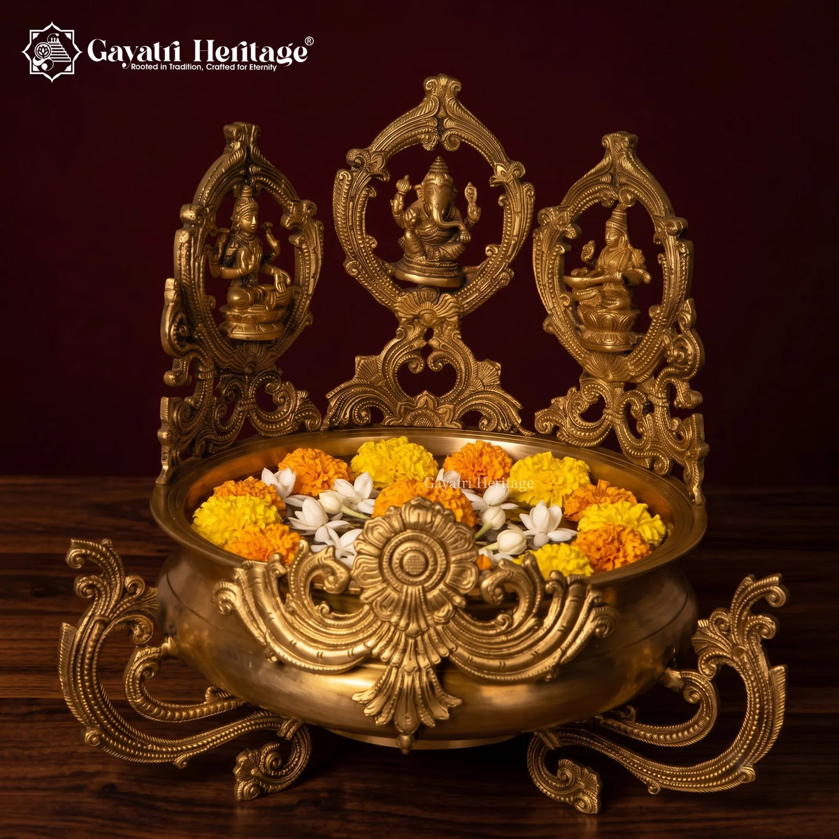 Brass Ganesh Laxmi Saraswati Urli, 15 inch, handcrafted by Gayatri Heritage