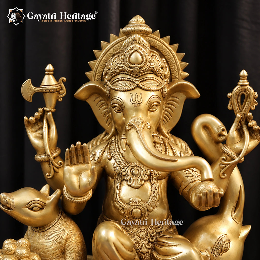 Brass Ganesha Statue with Mushak Mouse & Laddoo Bowl – Handcrafted Ganpati Idol for Home Mandir & Pooja Decor