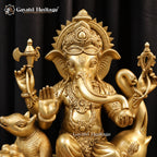 Brass Ganesha Statue with Mushak Mouse & Laddoo Bowl – Handcrafted Ganpati Idol for Home Mandir & Pooja Decor