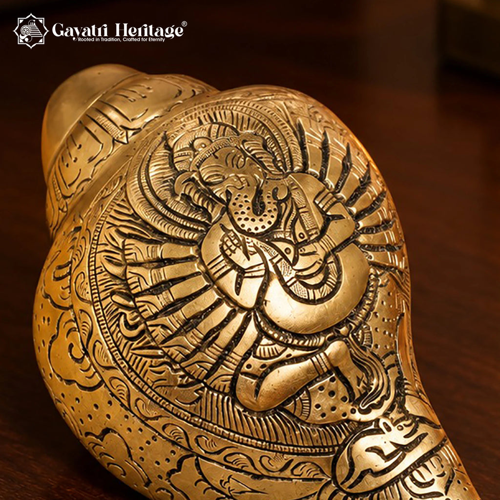 Brass Ganesha Shankh – Engraved Lord Ganesh Conch Shell for Pooja & Temple Decor