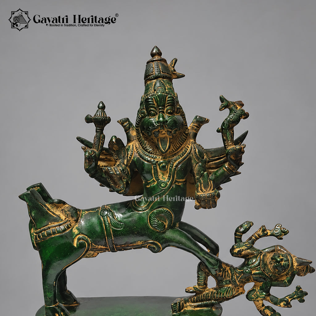 Brass Sharabeshwara Statue | Antique Old Green Finish | Sharabha Avatar of Lord Shiva