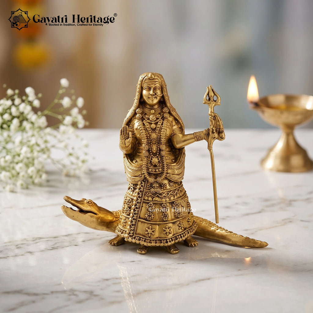 Brass Khodiyar Mata Statue with Crocodile | Handcrafted Gujarati Kuldevi Idol | Hindu Goddess Murti