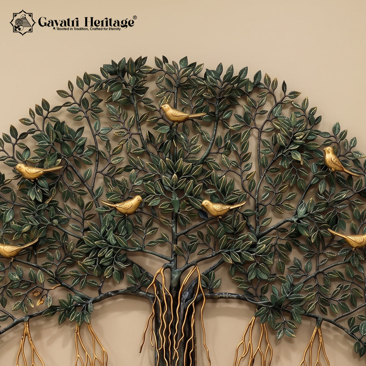 Brass Kalpvriksh Tree of Life Wall Art, Large 48 Inch Tree Wall Sculpture, Golden Birds, Green Gold Indian Luxury Decor