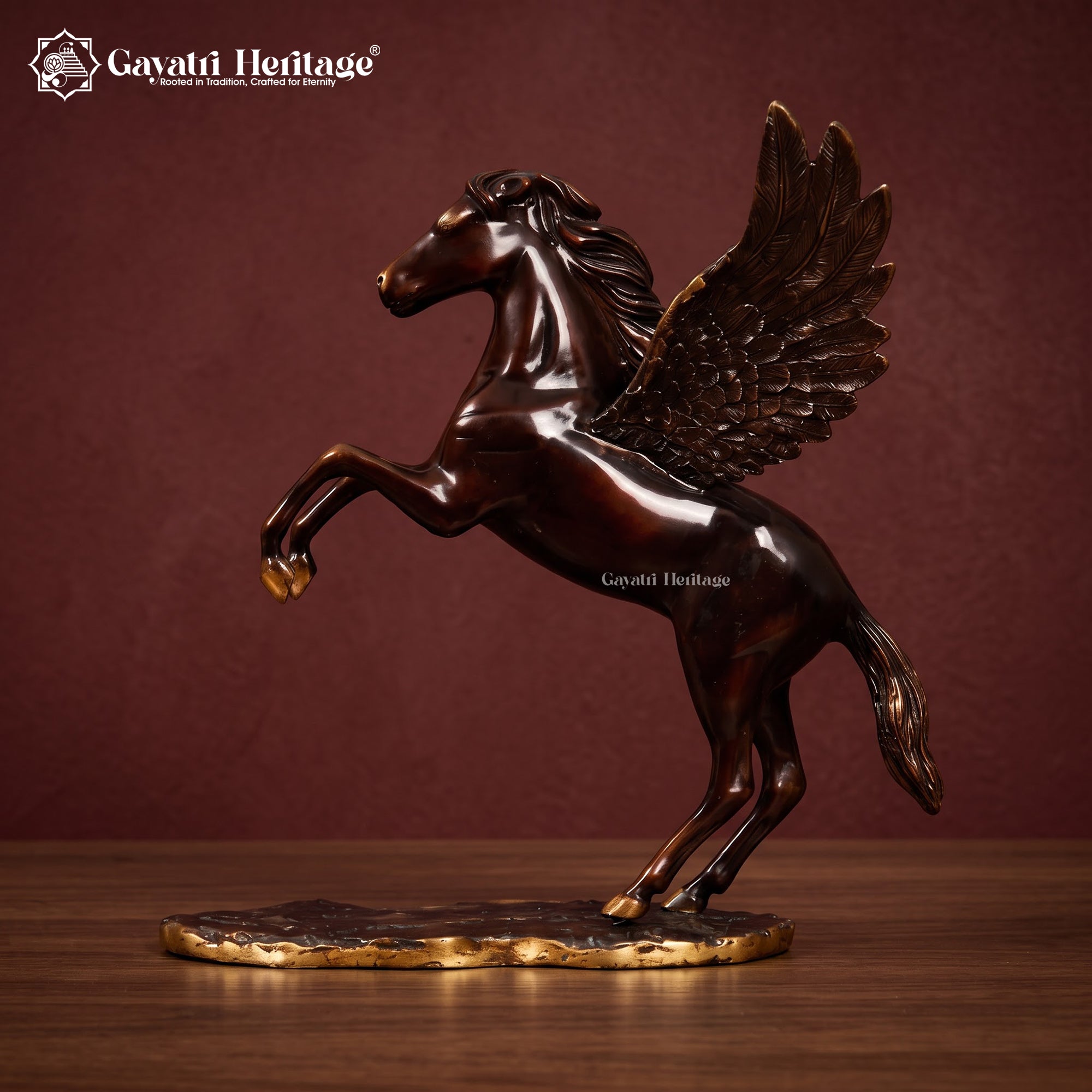 Brass Flying Horse Statue | Brown & Golden Pegasus Figurine | Antique Finish Handmade Home Decor Gift