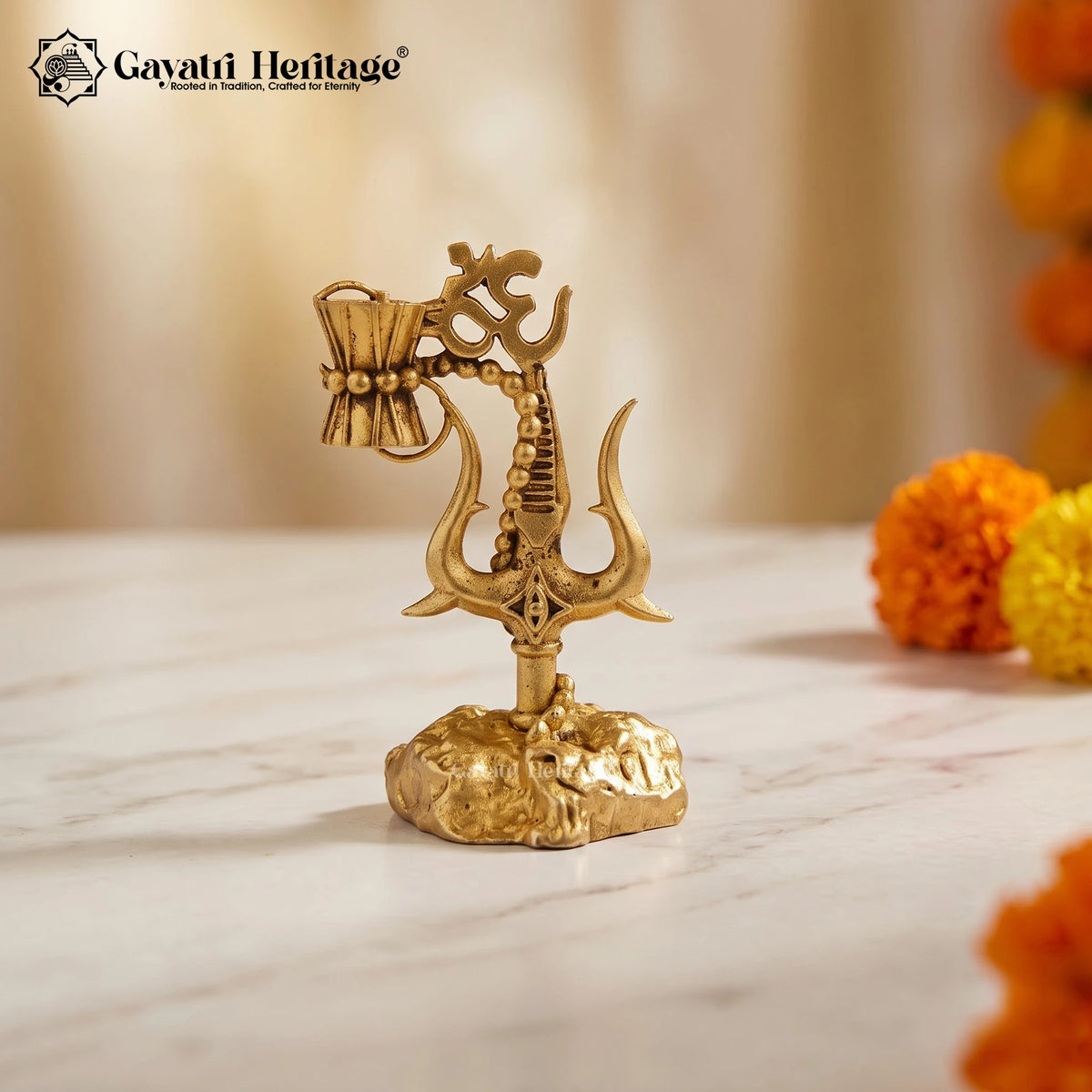 Brass Trishul Om Damru | Lord Shiva Trident with Om & Damru  | Car Dashboard & Home Mandir Decor
