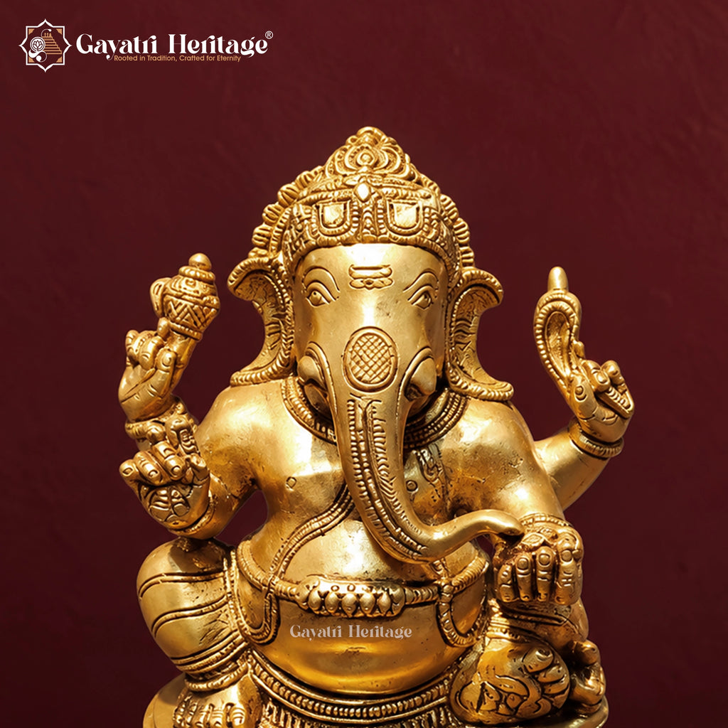 Brass Ganesha Statue on Lotus Base – Handcrafted Lord Ganesh Idol for Home Temple & Pooja Decor