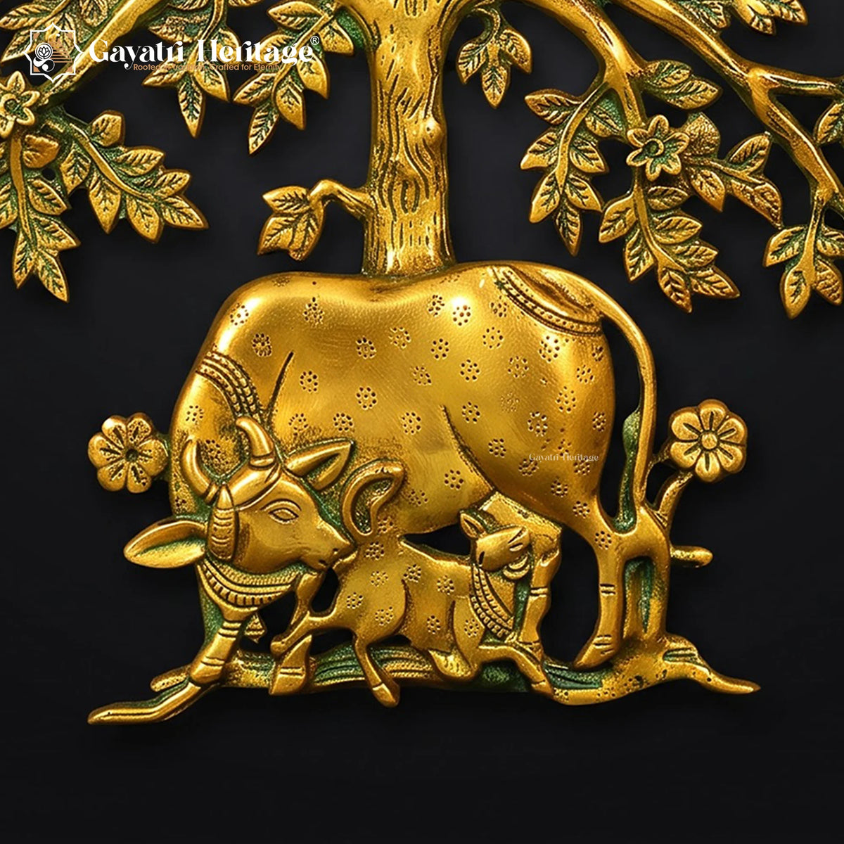 Brass Kamdhenu Tree Wall Decor | Cow & Calf Traditional Indian Art (20 Inch)