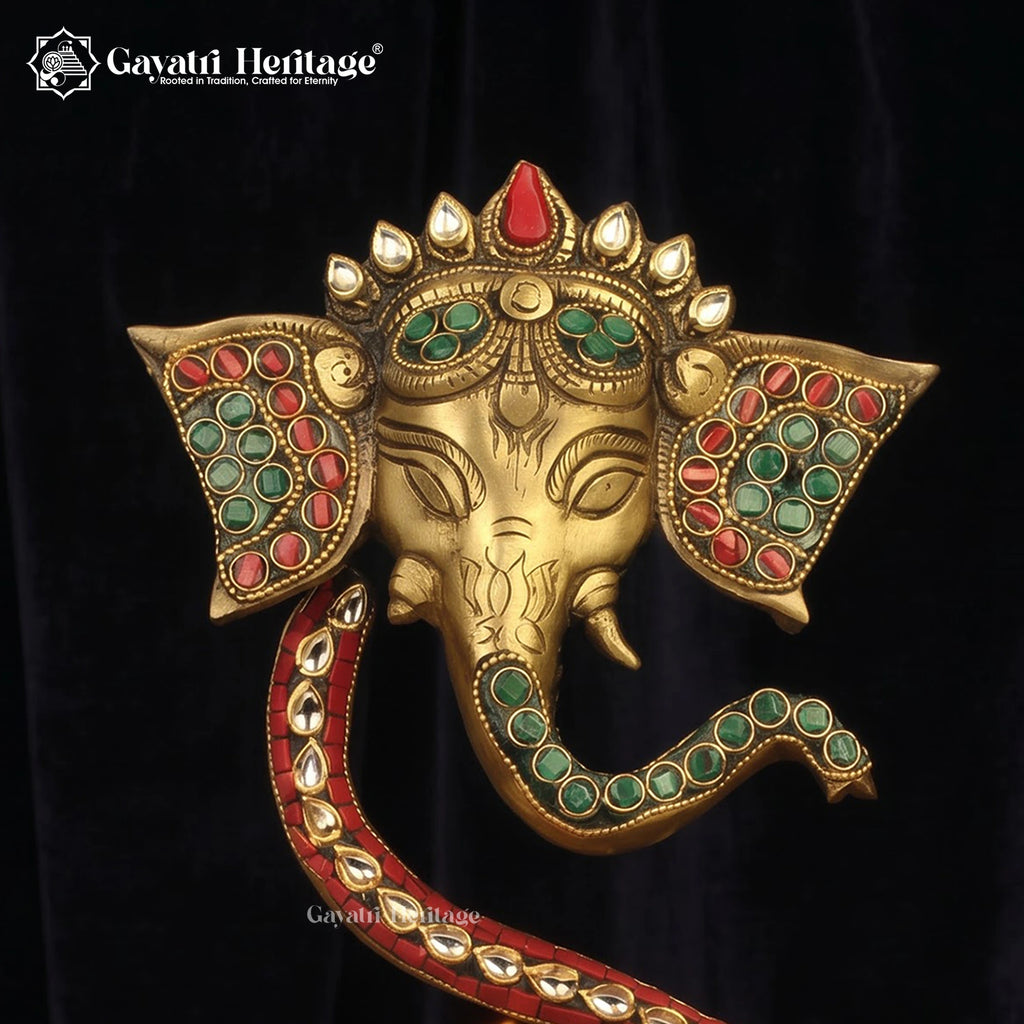 Brass Ganesha Oil Lamp | Stone Inlay Diya | Handmade Pooja Decor 9 Inch