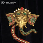 Brass Ganesha Oil Lamp | Stone Inlay Diya | Handmade Pooja Decor 9 Inch